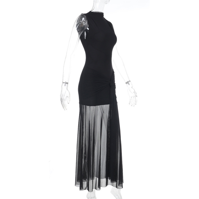 Women Summer Sexy Ribbon Half High Neck Sleeveless Dress