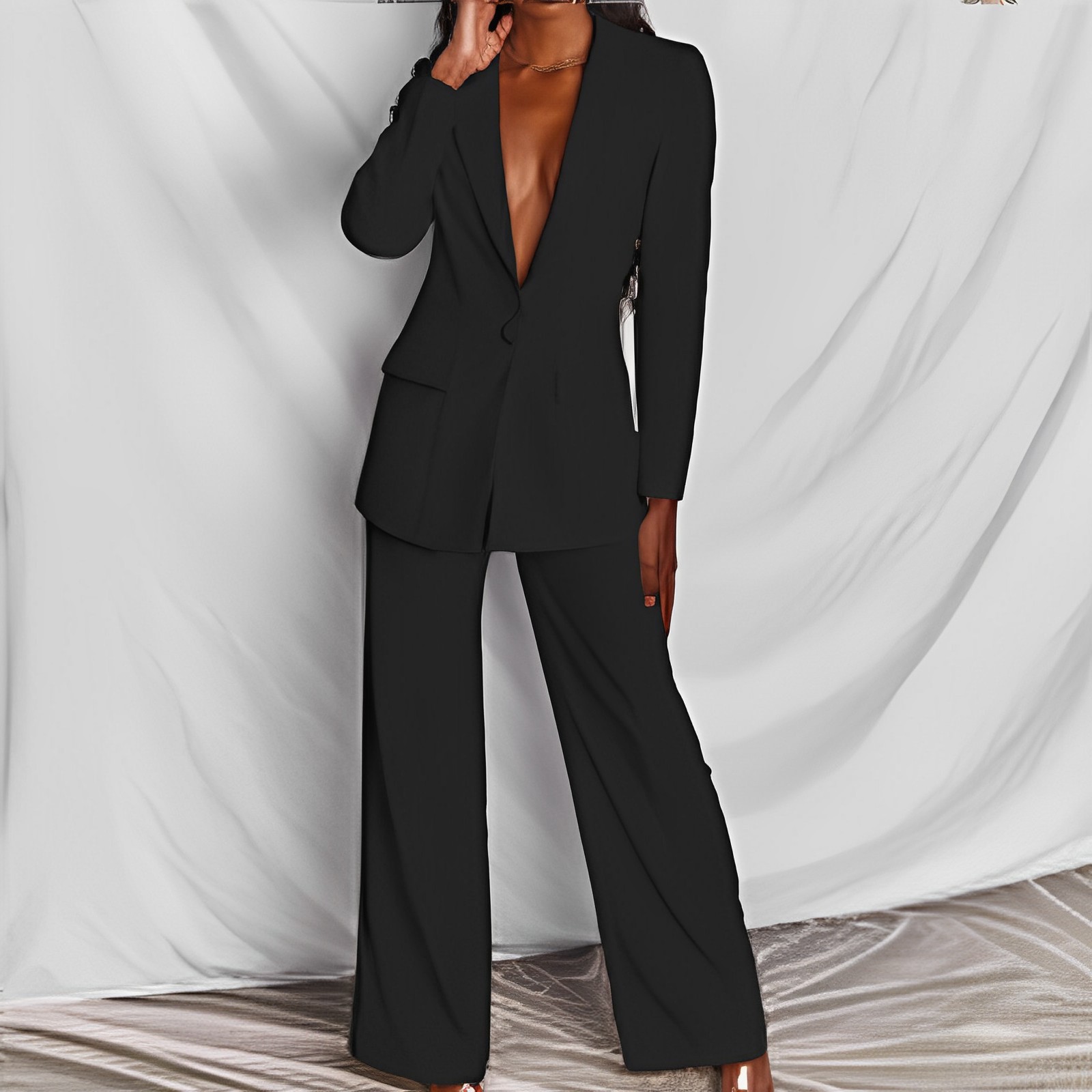 Spring Women's Fashion Chic Long Sleeve Blazer With Straight Pants Set