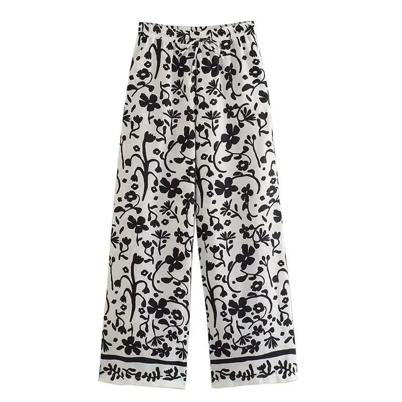 Women Turndown Collar long-sleeved single-breasted printed shirt wide-leg pants Two Piece Set