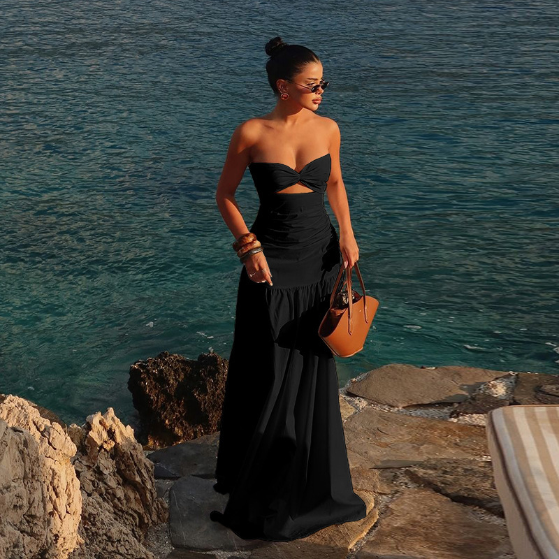 Women Summer Women Beach Holidays Strapless Hollow Dress