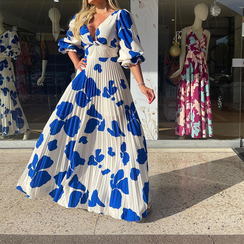 Summer Women's Fashion V-Neck Half-Sleeve Print Maxi Dress