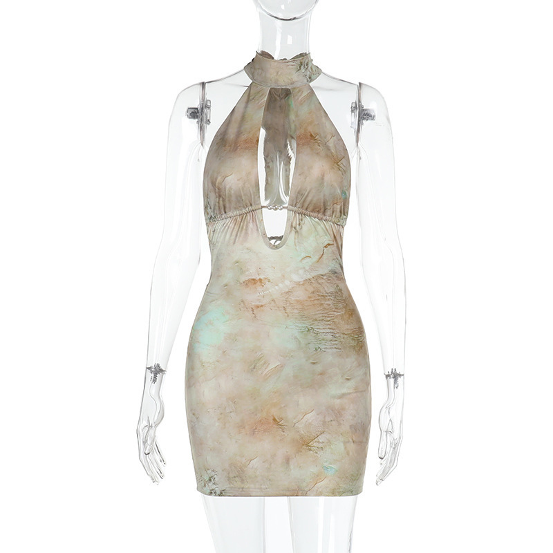 Women Sexy Hollow Print Halter Neck Backless Bodycon Dress