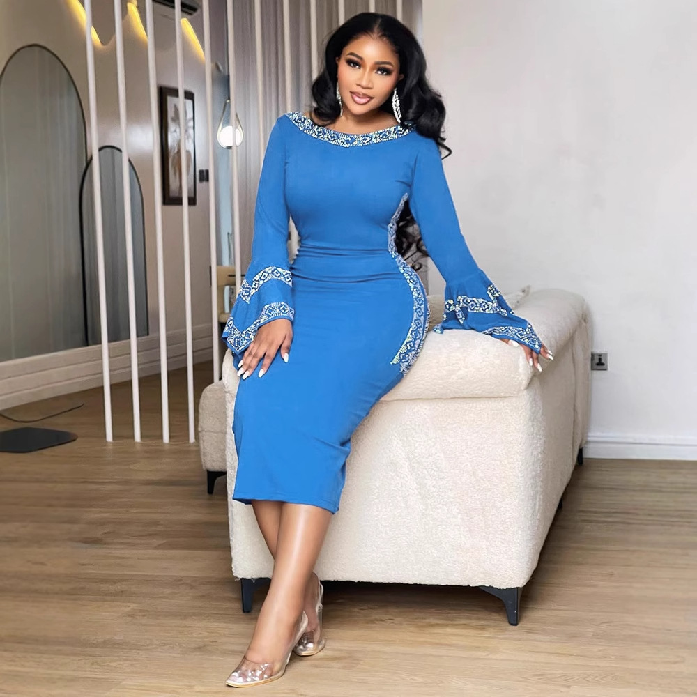 Women Sexy Beaded Stetchy Backless Slit Bodycon Dress