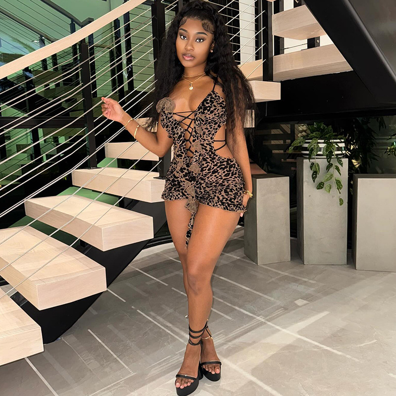 Spring Summer Print Low-Cut Lace-Up Tight-Fitting Jumpsuit For Women