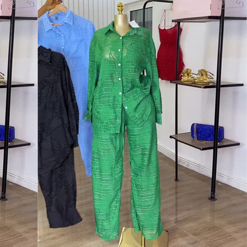 Women Summer Turndown Collar Patch Pocket Long Sleeve Shirt and Straight PantsTwo Piece Set