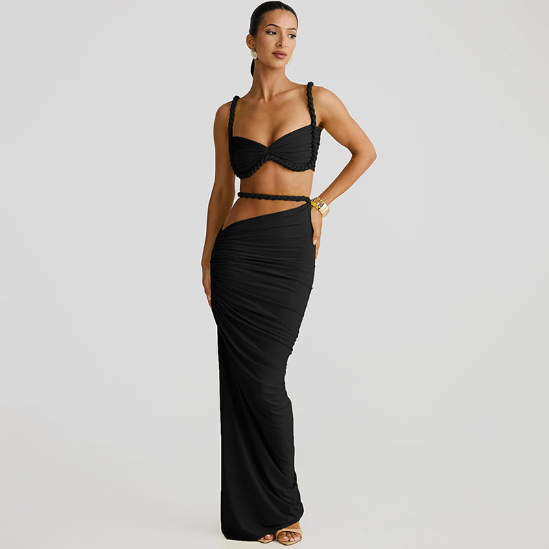 Women Spring Sexy Solid Backless Top and Bodycon Skirt Two-piece Set