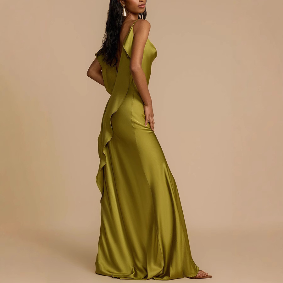 Spring/Summer Strap Backless Slit Dress Casual Loose Satin Holiday Dress