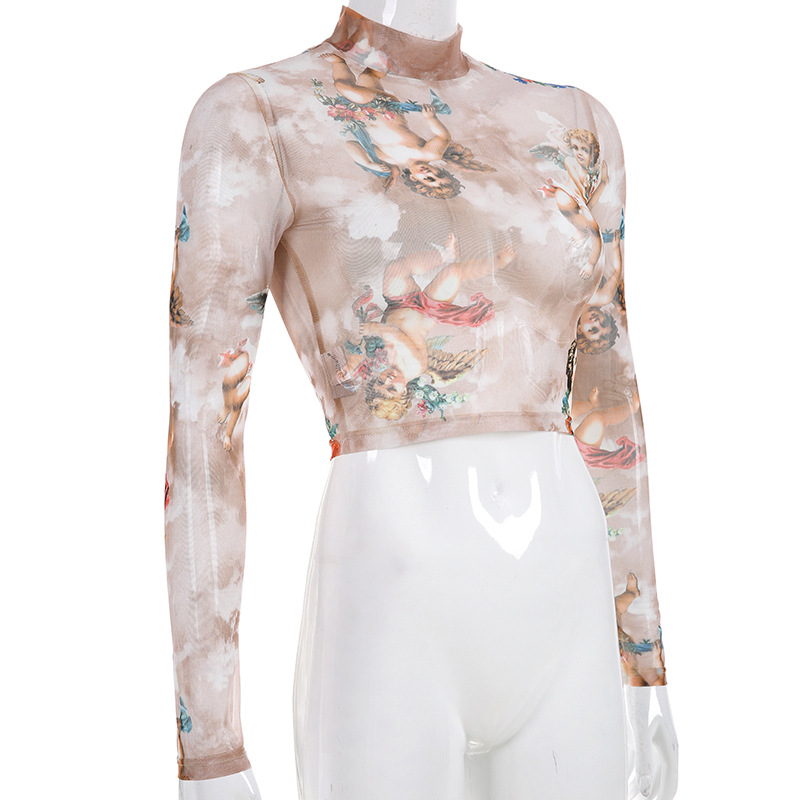 Women's Angel Print Mesh Long-Sleeve T-Shirt