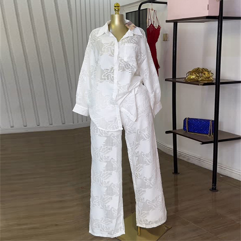 Women Summer Turndown Collar Patch Pocket Long Sleeve Shirt and Straight PantsTwo Piece Set