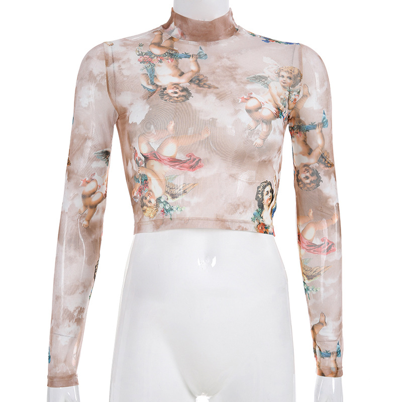 Women's Angel Print Mesh Long-Sleeve T-Shirt