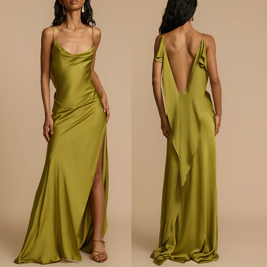 Spring/Summer Strap Backless Slit Dress Casual Loose Satin Holiday Dress