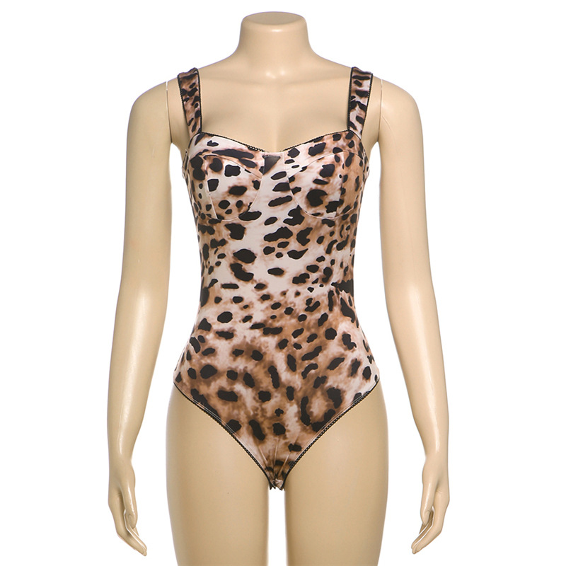 Women Sexy Contrast Leopard Round Neck Long Sleeve Jumpsuit