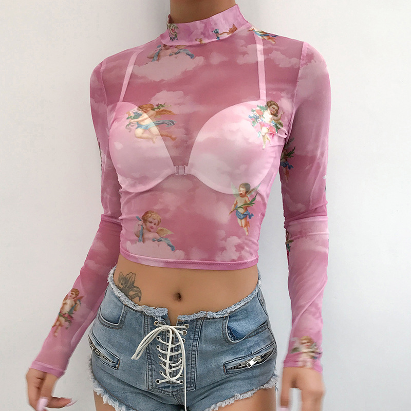 Women's Angel Print Mesh Long-Sleeve T-Shirt