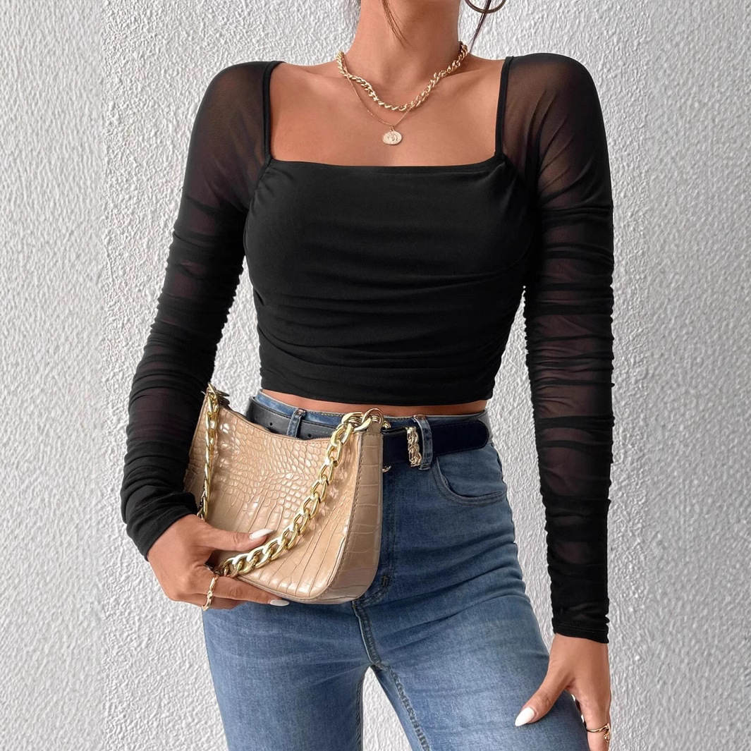 Women summer mesh long sleeve croptop