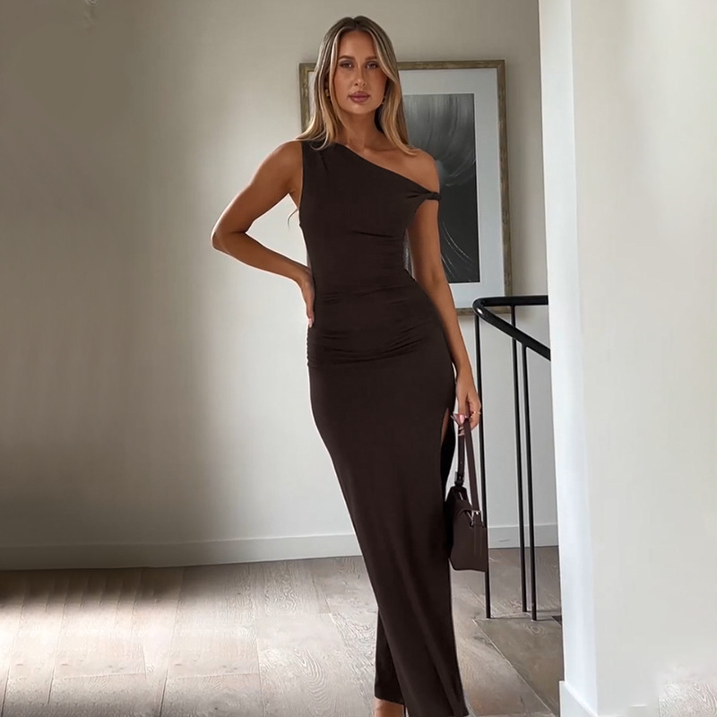 Women Sexy Slash Shoulder Slit Sleeve Solid Dress