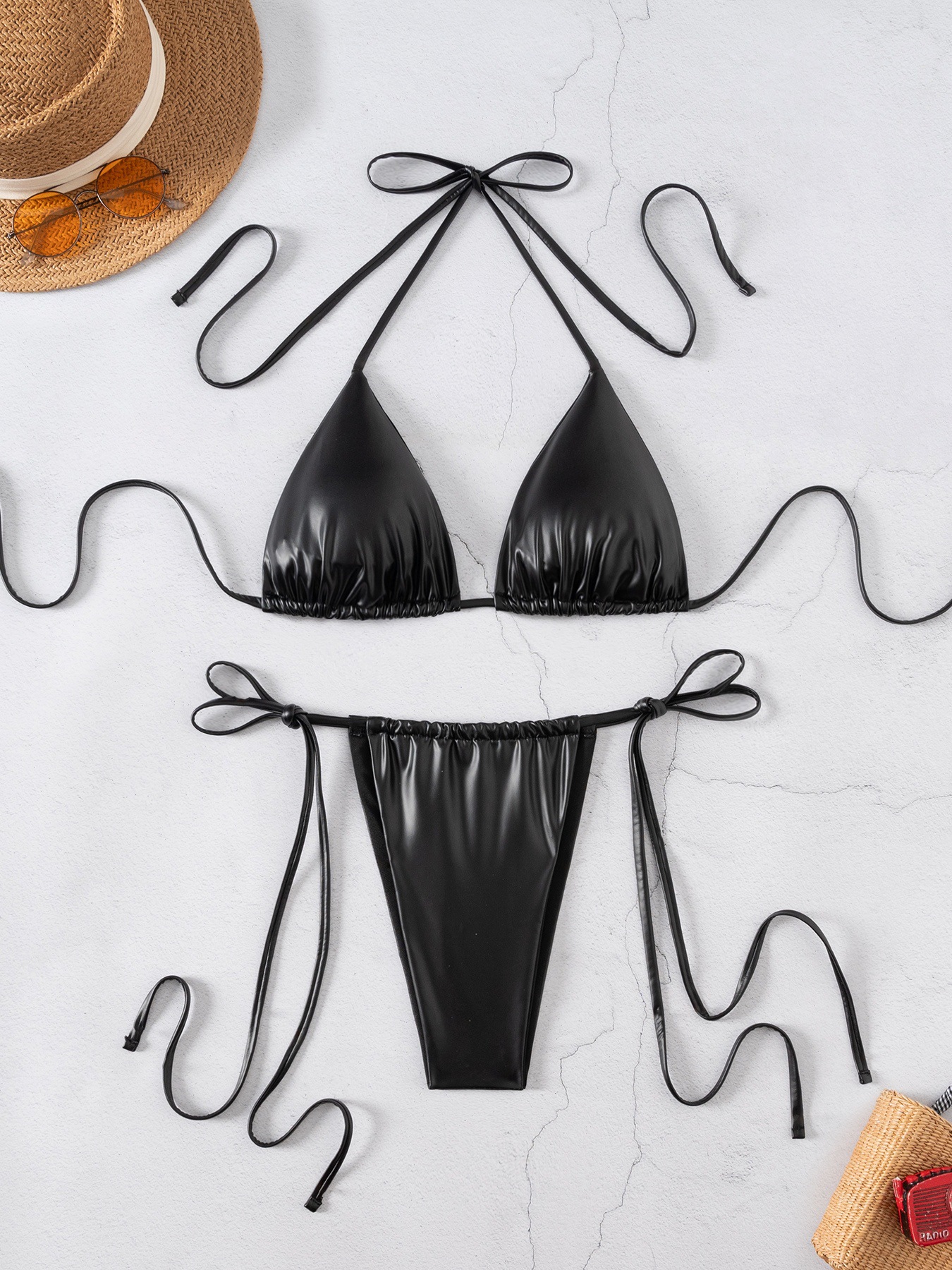 Women Sexy Bikini Solid Tether Halter Neck Swimwear  Two Pieces