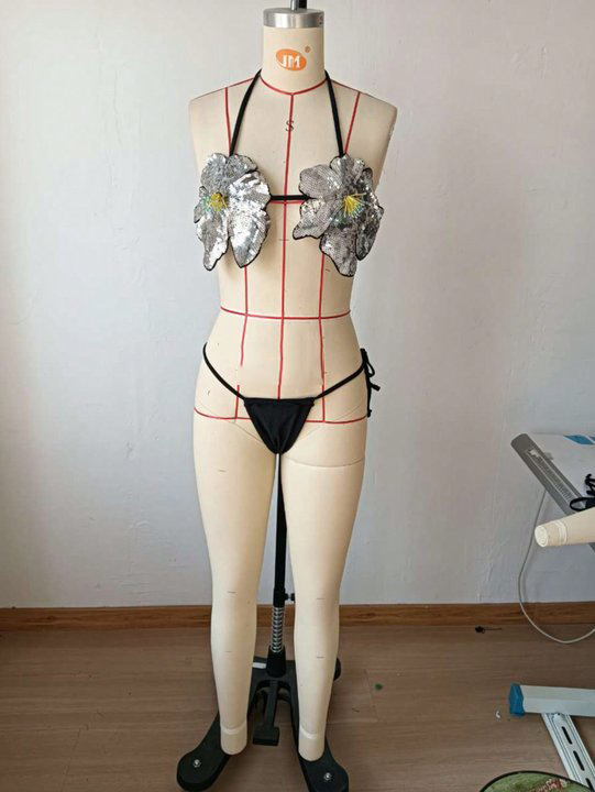 Women sequin white floral halter neck lace-up sexy Swimwear  two pieces