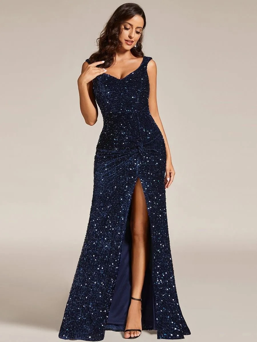 Summer Elegant Sequin V-Neck Slit Formal Party Evening Gown