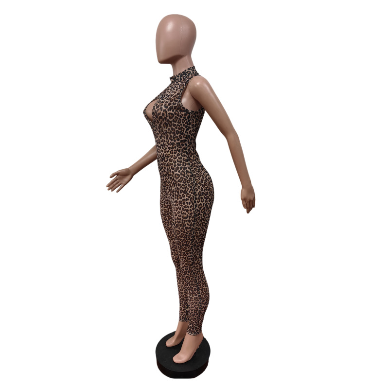 Women Leopard Stetchy Sleeveless Jumpsuit