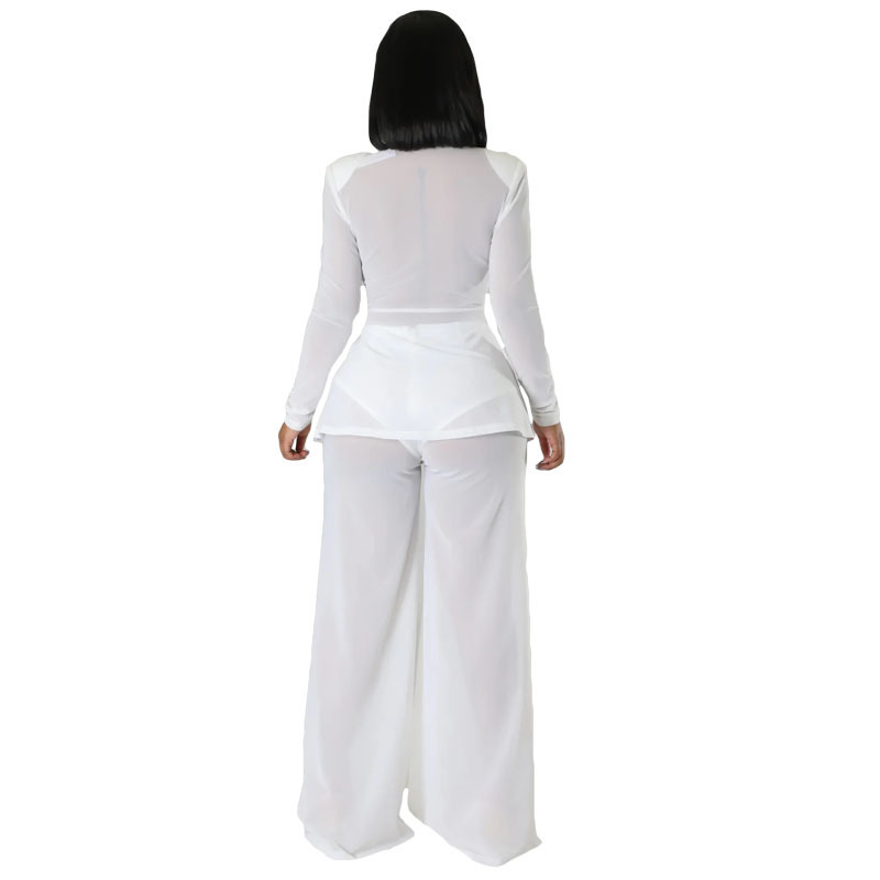 Sexy Solid Color Long Sleeve Slim Waist Tie-Detail Blazer Slit Pants Two-Piece Set