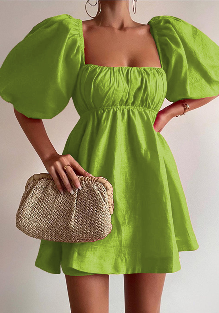Spring Women's Fashion Square Neck Puff Sleeve Linen Dress