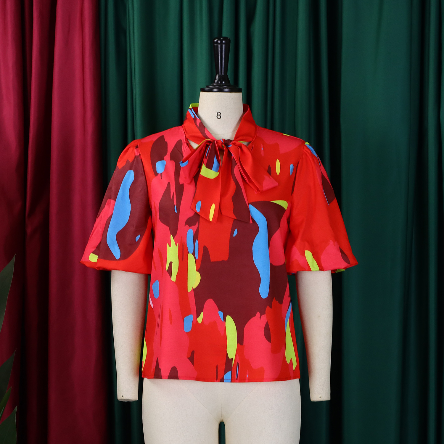 Women Printed Lace-Up Bubble Short Sleeve Shirt Top