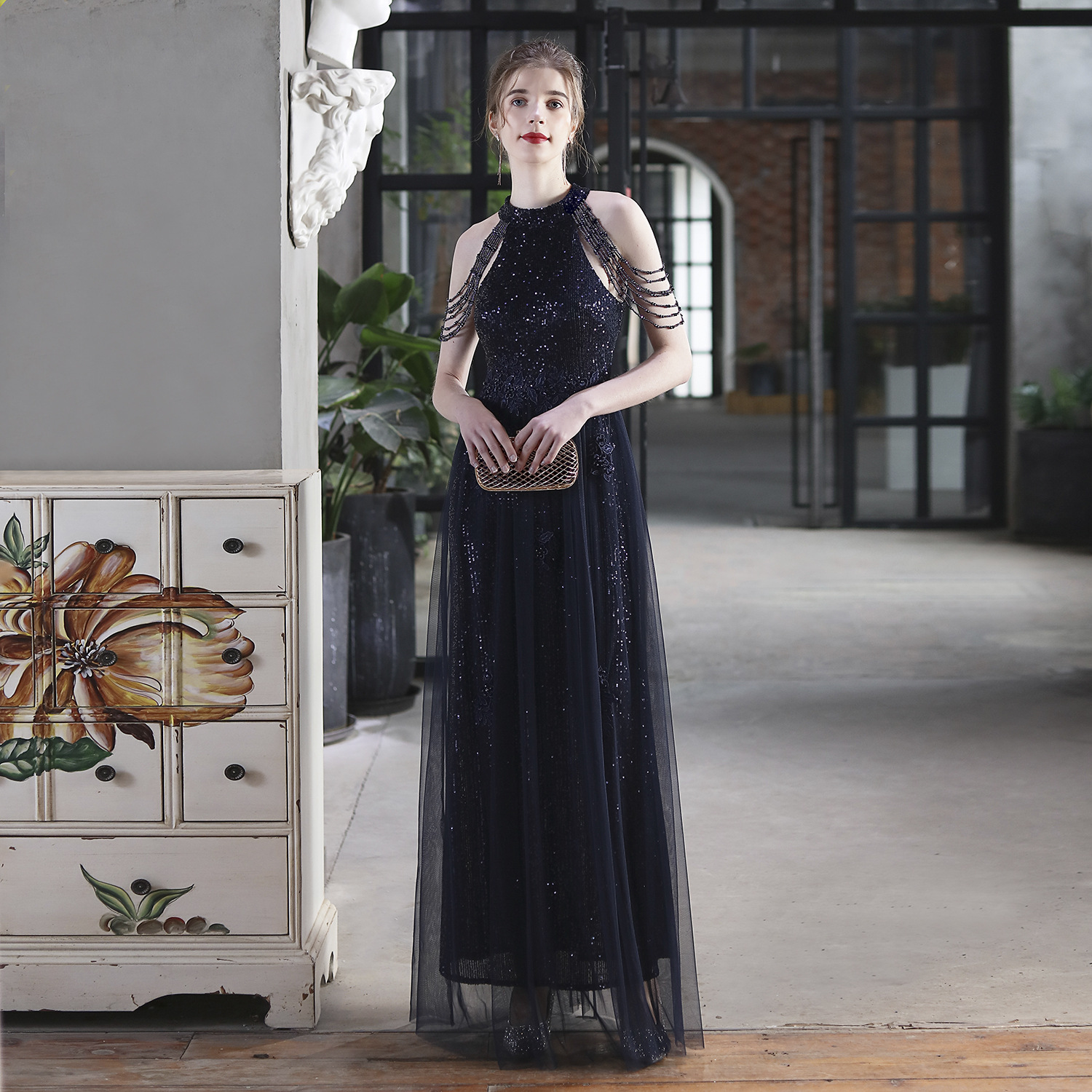 Luxury Sequin Mesh Brides Dress Elegant Formal Party Evening Gown