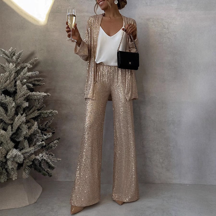 Women's Sequin Long Sleeve Two Piece Pants Set Chic Outerwear