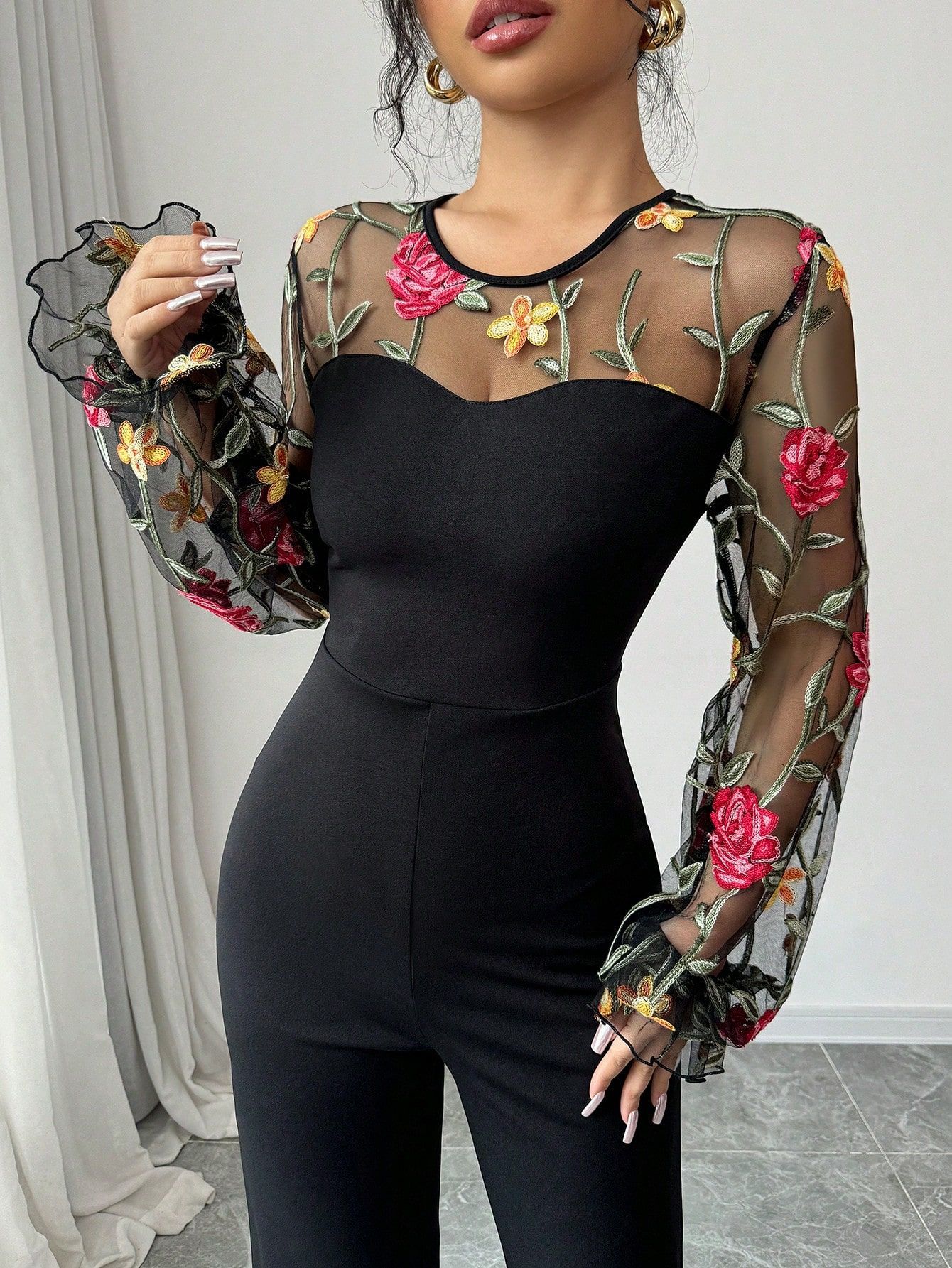 Women's Long Sleeve Embroidered Mesh Patchwork Slim Waist Jumpsuit