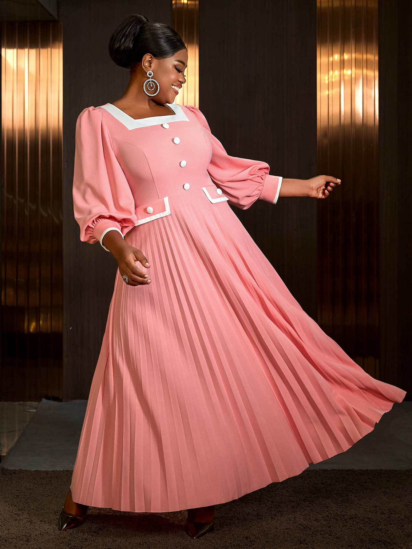 Women Square Neck Lantern Sleeve Formal Party High Waist Pleated Dress