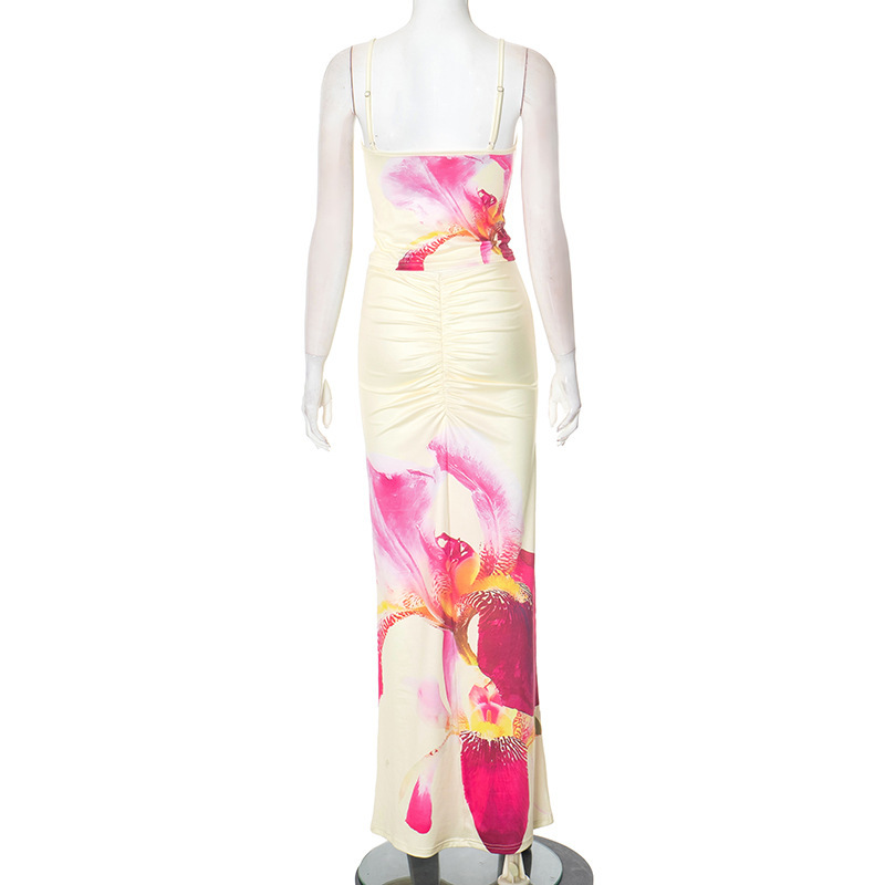 Women Summer Flower Print Suspender Top and Skirt Two Piece Set