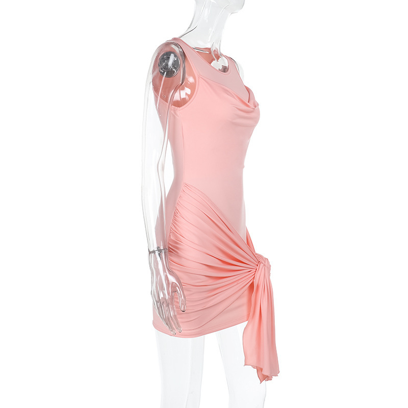 Women Spring Summer Sexy Gathered Ribbon Solid Dress