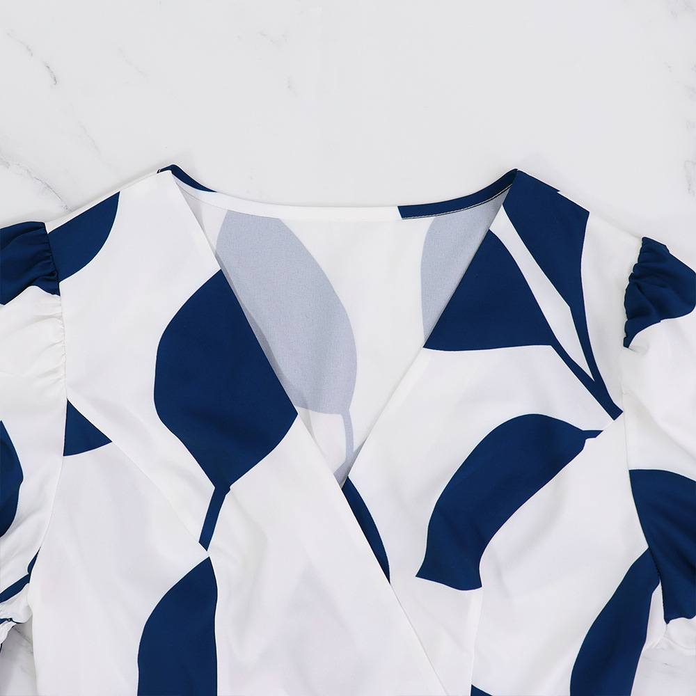 Women Princess Sleeve Print Summer Elegant V Neck Irregular Dress