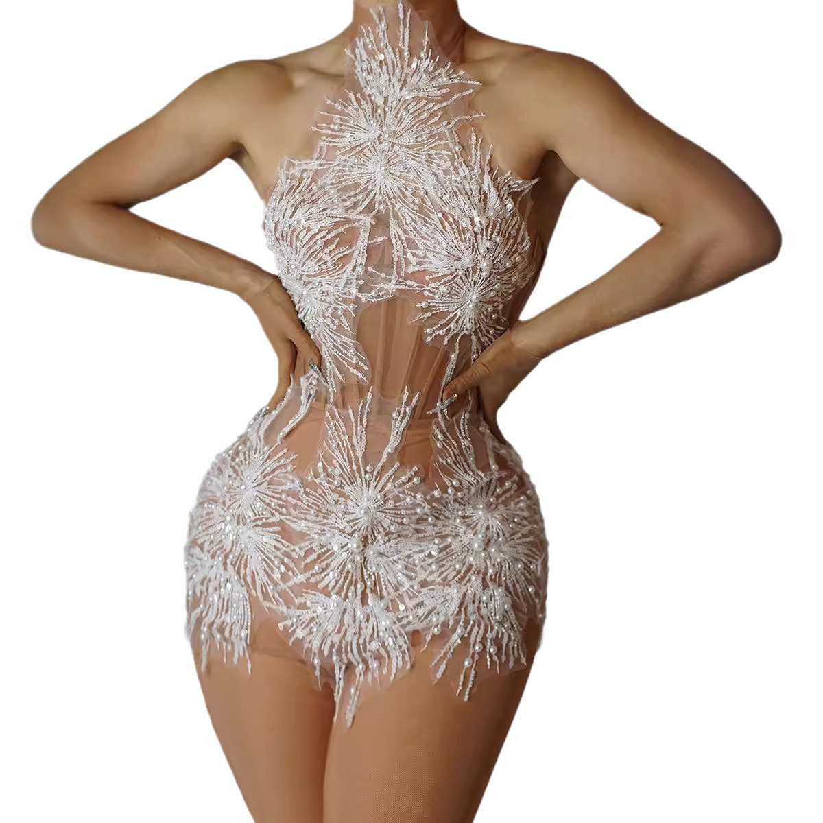 Fashion Halter Neck Strap Mini Dress Nude See-Through Sexy Party Dress