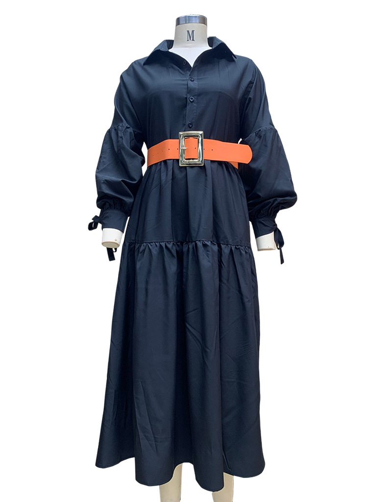 Spring Women's Fashion Chic Turndown Collar Long Sleeve Casual Midi Dress