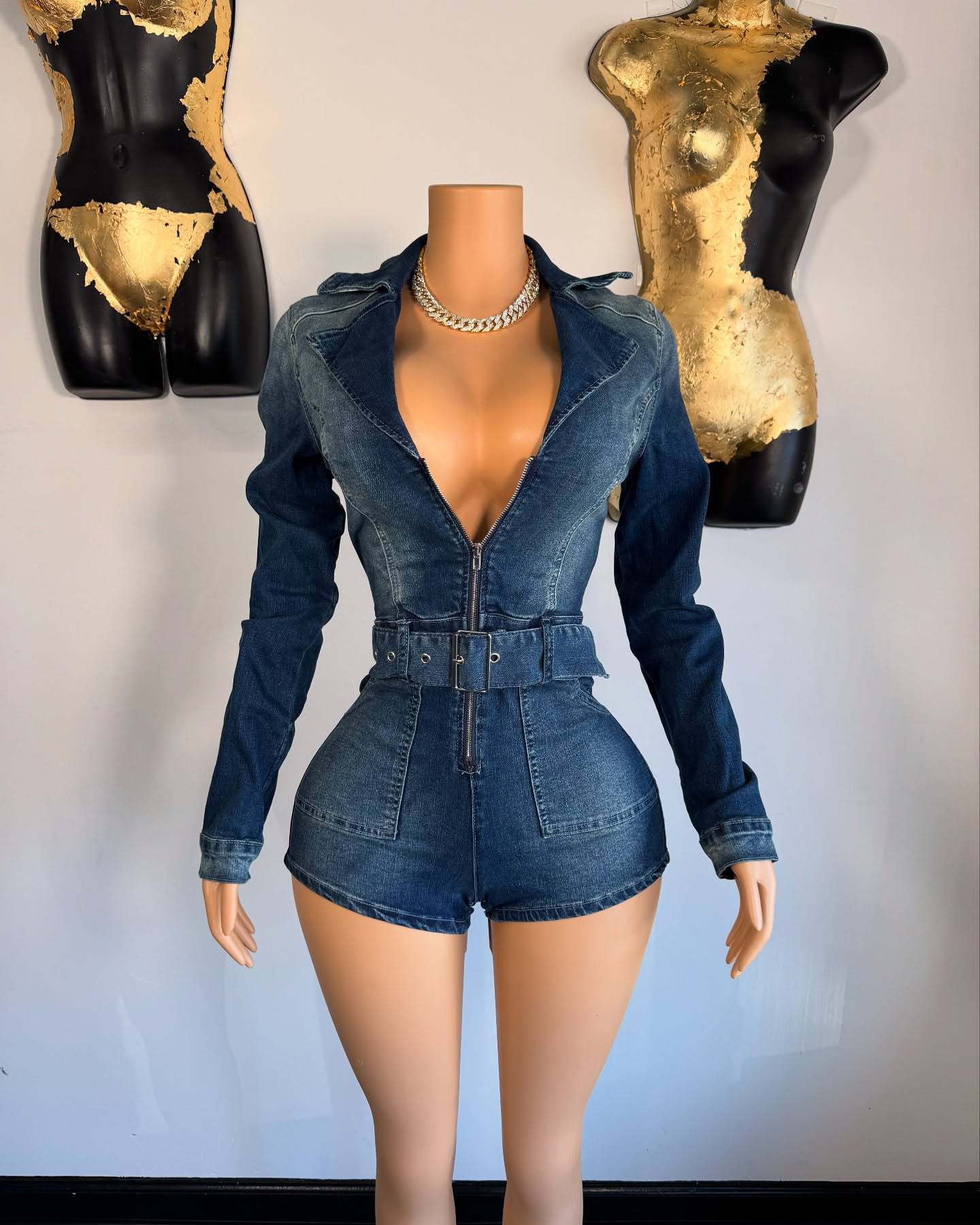 Women Zipper Solid Patchwork Stetchy Denim Lace Jumpsuit