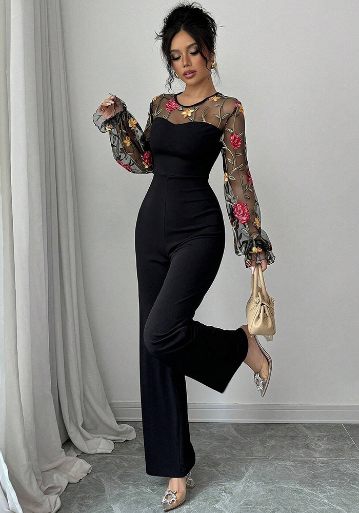 Women's Long Sleeve Embroidered Mesh Patchwork Slim Waist Jumpsuit