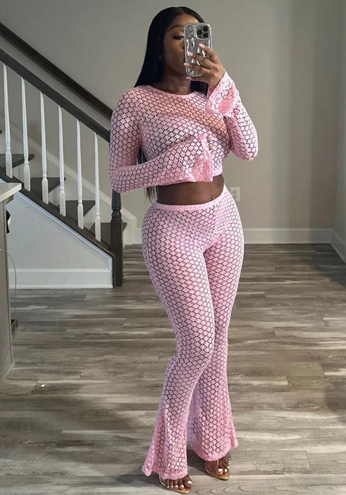 Women's Sexy Lace Ripped See-Through Crop Top High-Waist Long Pants Set