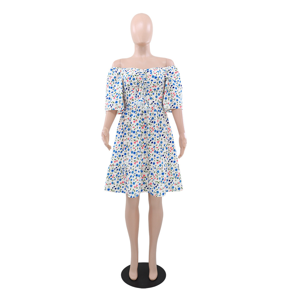 Women Floral V Neck Pleated Summer Dress