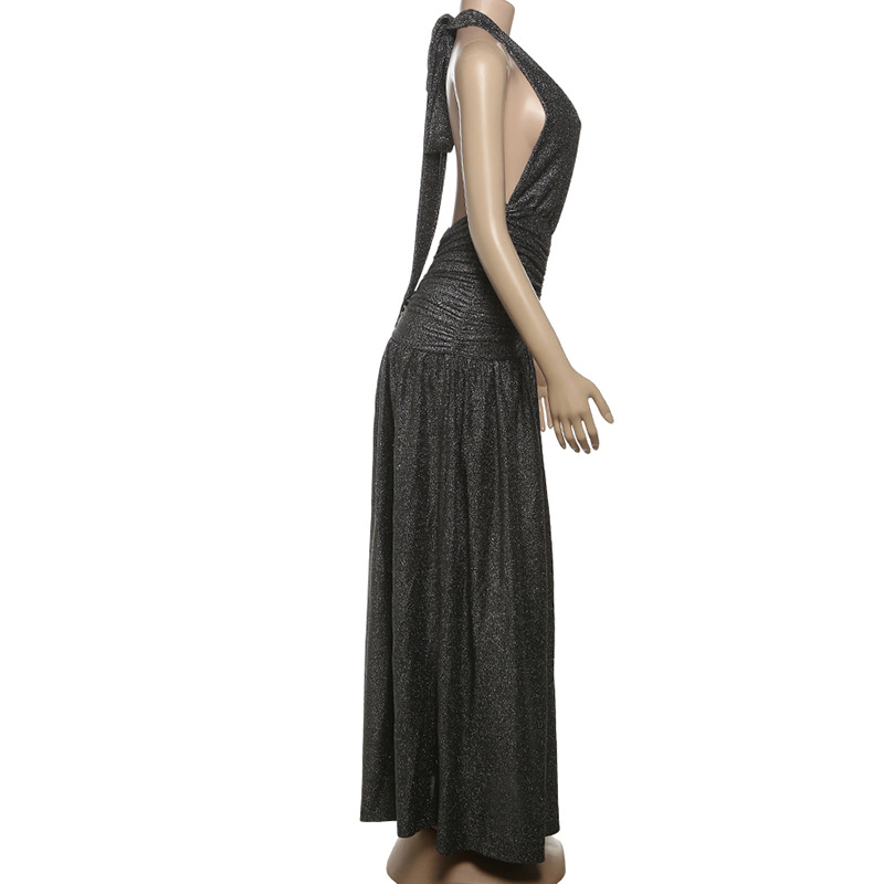 Women Spring Sexy Deep V-neck Halter Neck Backless Pleated Slit Dress