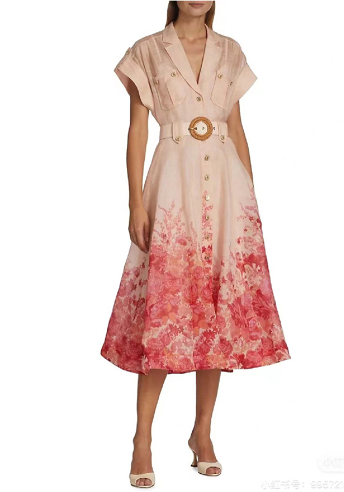 Women retro printed with belt Strap Dress