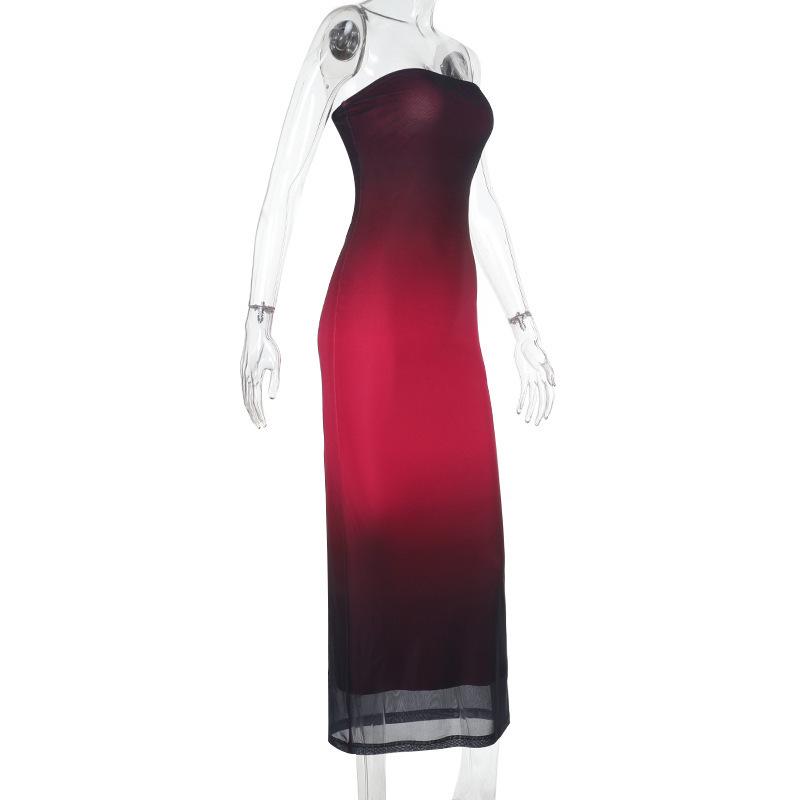 Women Strapless Gradient Mesh Backless Dress