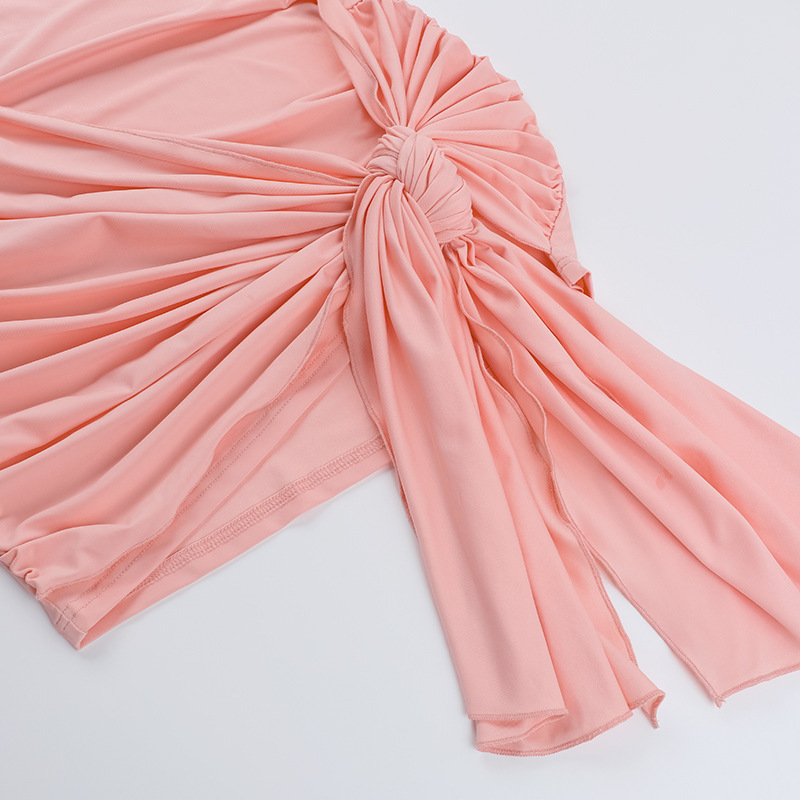 Women Spring Summer Sexy Gathered Ribbon Solid Dress