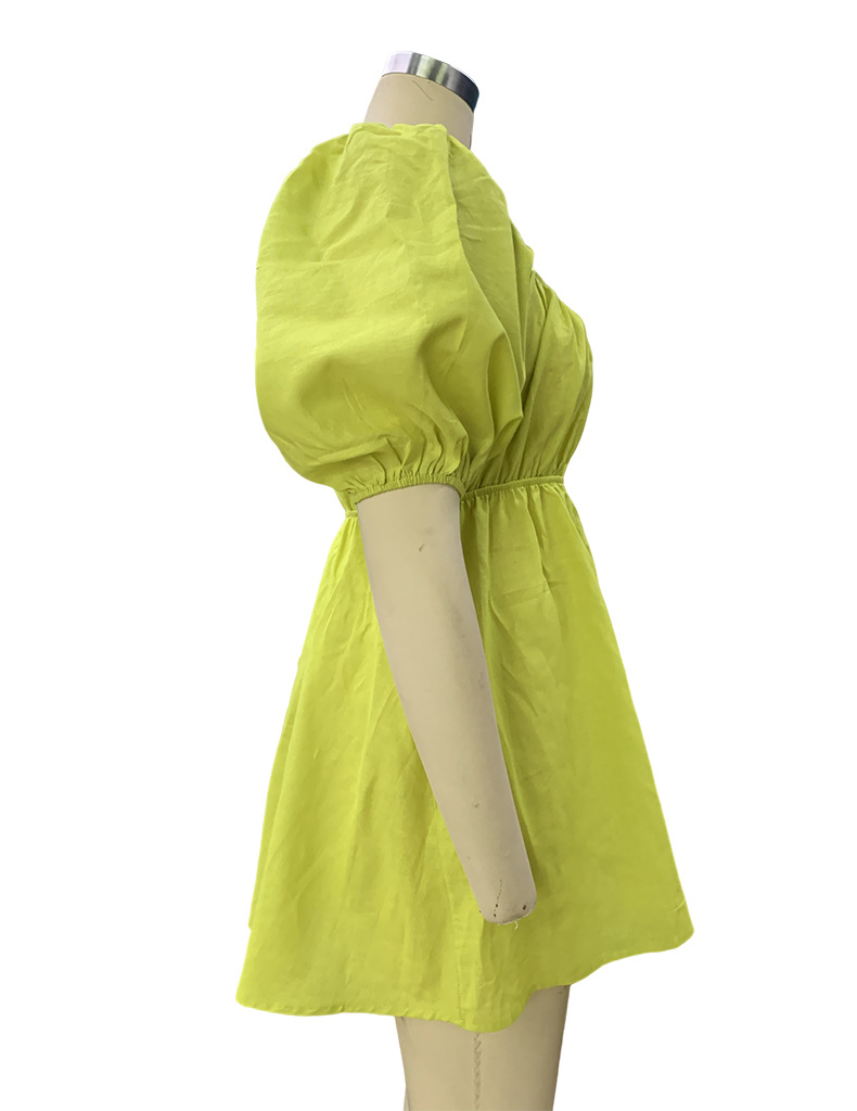 Spring Women's Fashion Square Neck Puff Sleeve Linen Dress