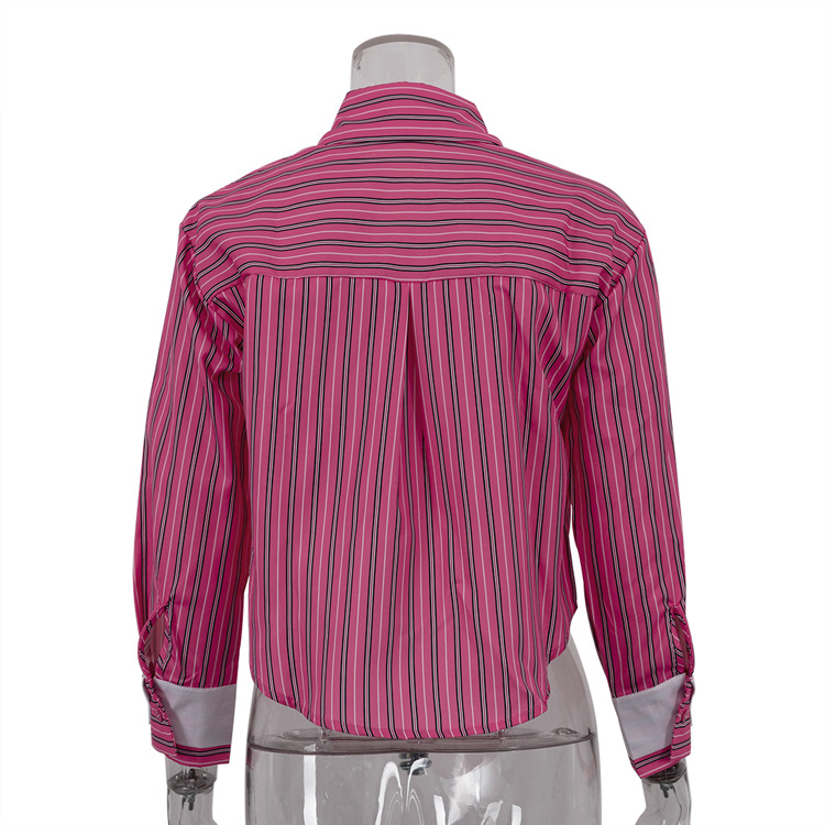 Women French striped turndown collar long sleeve crop top shirt