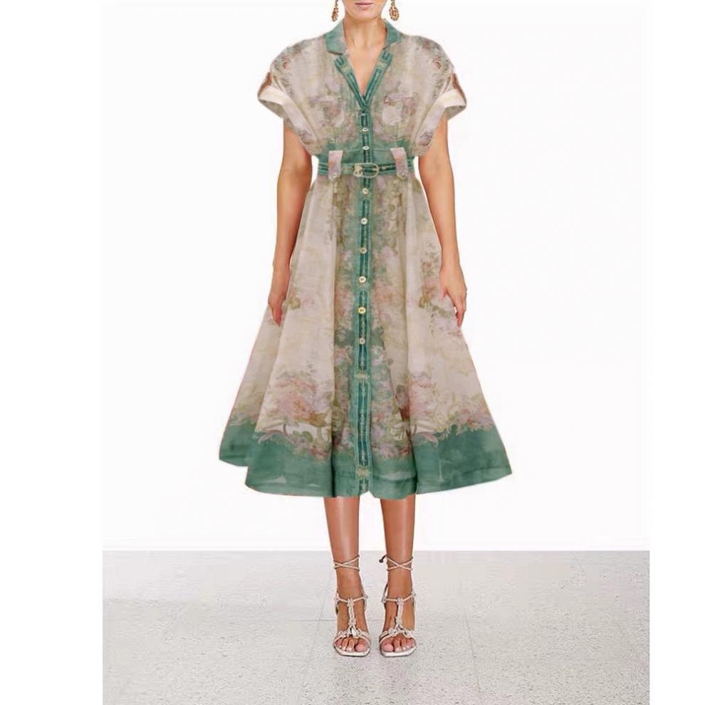 Women retro printed with belt Strap Dress