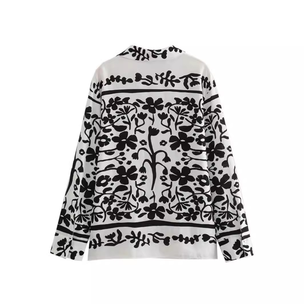 Women Turndown Collar long-sleeved single-breasted printed shirt wide-leg pants Two Piece Set