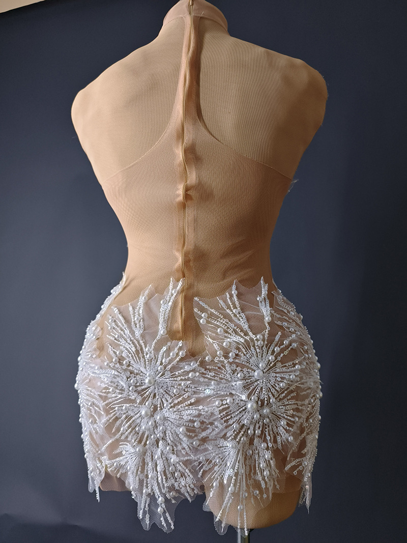 Fashion Halter Neck Strap Mini Dress Nude See-Through Sexy Party Dress