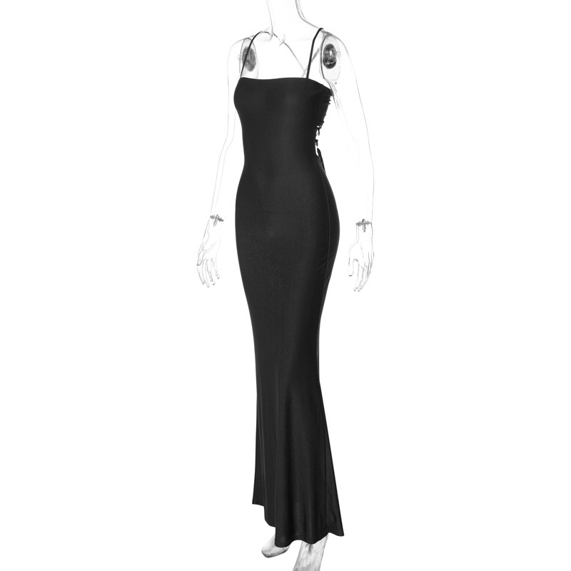 Women's Spring Solid Color Strap Low-Back Lace-Up Slim Long Dress