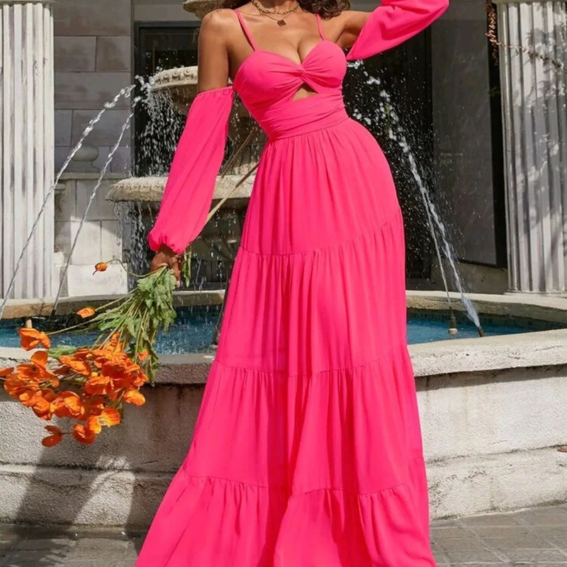 Spring Women's Fashion Sexy Solid Color Long Sleeve Strap Maxi Dress